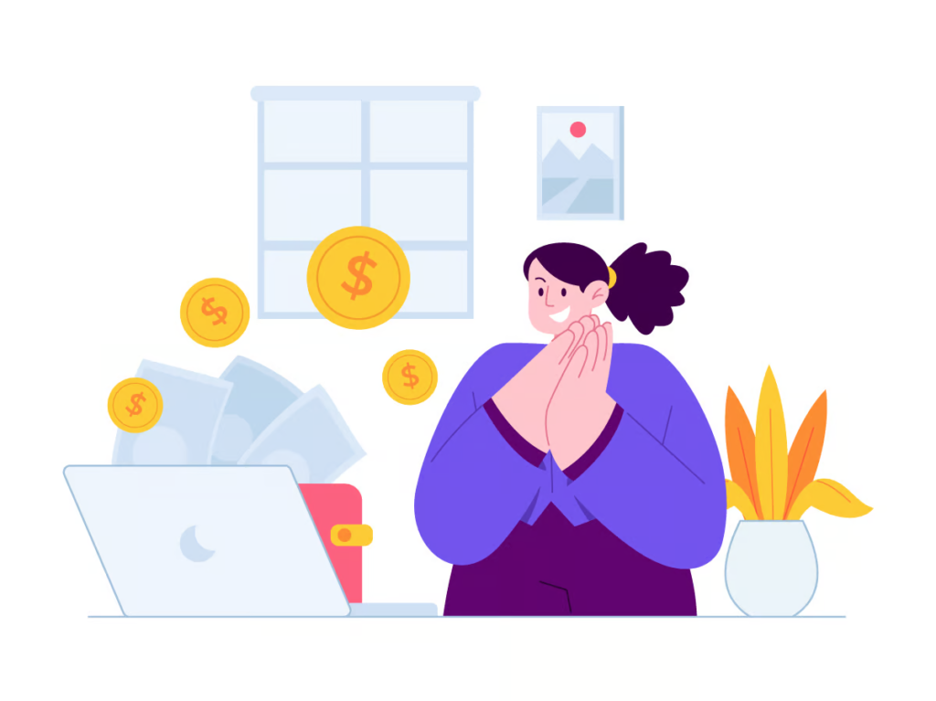 Grafico de una mujer viendo dinero salir de su laptop