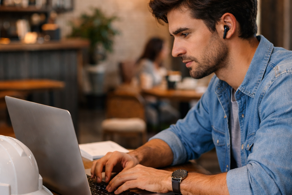 Un jovaen arquitecto estudiando un curso en su computadora desde un cafe