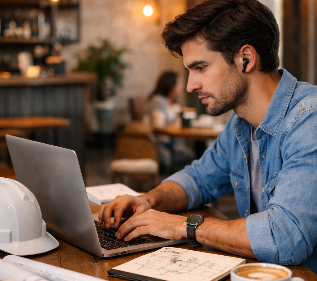 Un jovaen arquitecto estudiando un curso en su computadora desde un cafe