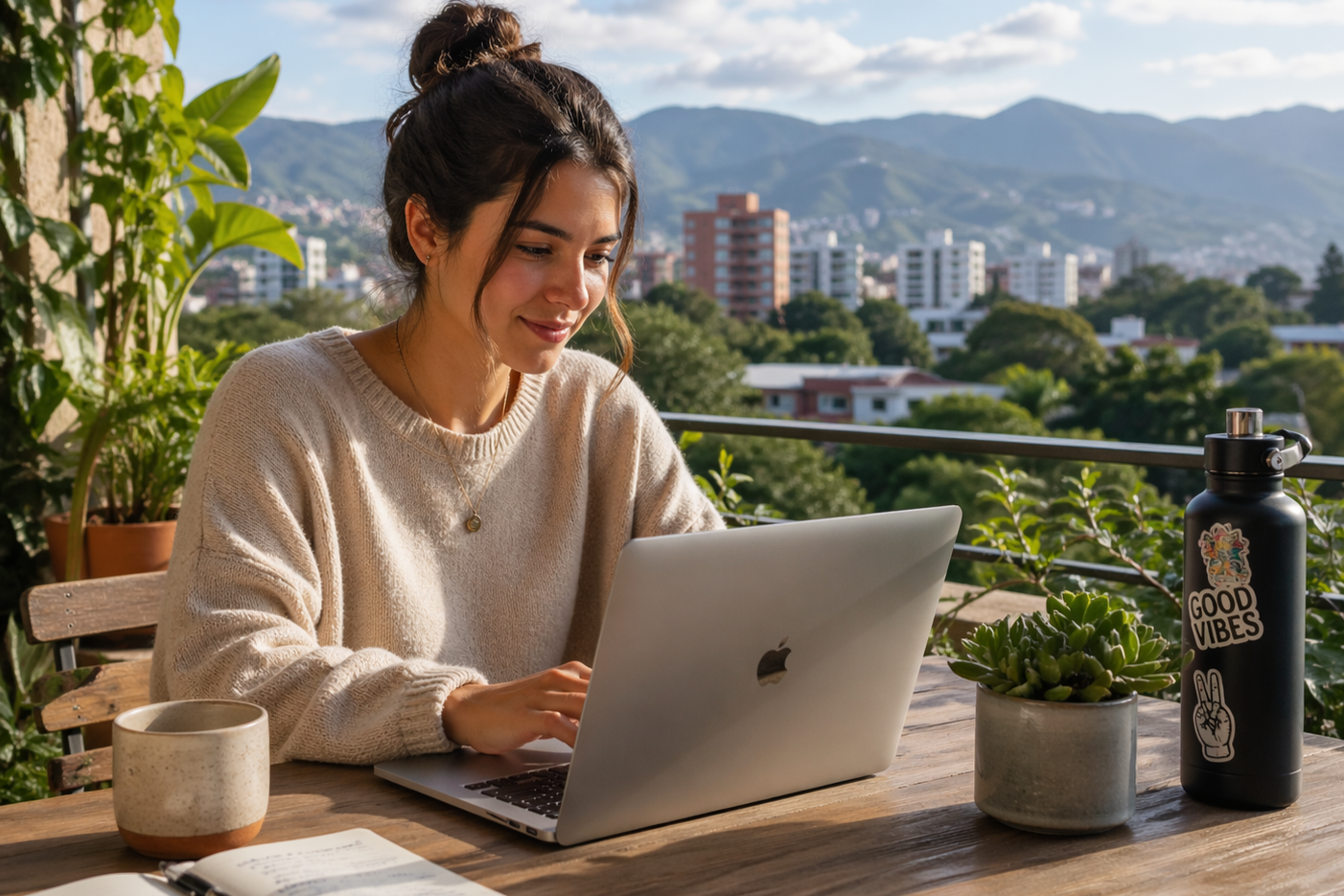 Chica joven trabajando desde su computadora portatil en una terraza con vista a la ciudad